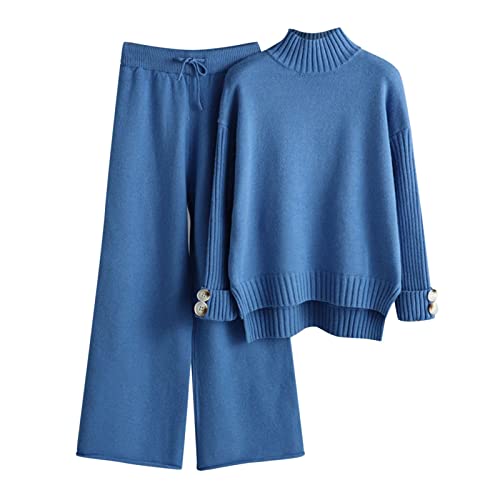 Loungewear Damen Set Lang Women Einfarbig Travel Set Festival Homewear Pullover Hosen Fall Outfit Hausanzug 2 Teiler Jogginganzug Damenanzug Blau One Size von Generisch