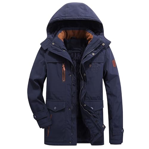 Mantel Herren Warme Winterjacke Parka Lang Wintermantel Mit Kapuze Outdoor Gefütterte Übergangsjacke Jacke Blau 3XL von Generisch