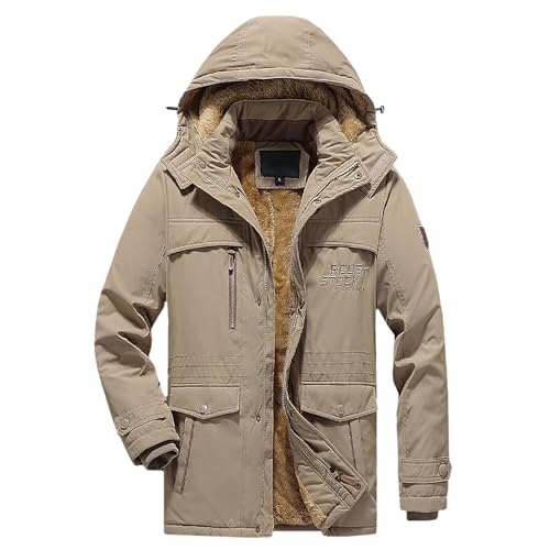 Mantel Herren Warme Winterjacke Parka Lang Wintermantel Mit Kapuze Outdoor Gefütterte Übergangsjacke Jacke Khaki XL von Generisch