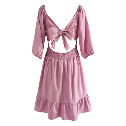 Mittelalter Kleidung Damen - Faschingskostüme Damen Neckholder A-Linie-Kleid Rückenfreies Puffärmeln Kleid Rüschenkleid Stufenkleid aus Chiffon - Strandkleider Einfarbiges Sommerkleid Karnevalkostüm von Generisch