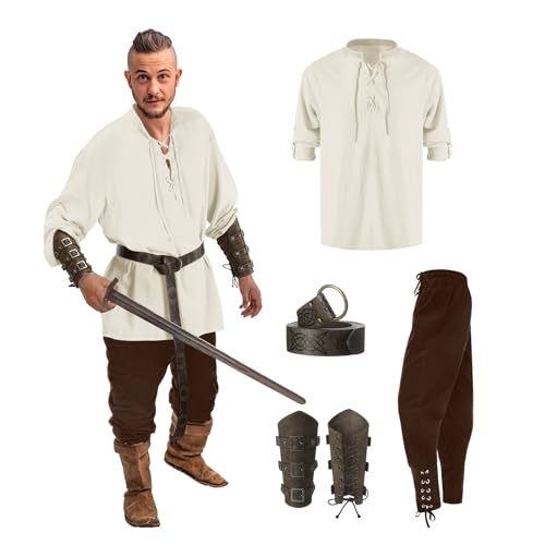 Mittelalter Kostüm, Piratenkostüm Herren Mittelalter Hemd Viking Kostüm Herren Set, Mit Mittelalterliches Piratenhemd, Piratenhose, Gürtel, Handgelenkschützer, Seitentasche, Faschingskostüme Dress Up von Generisch