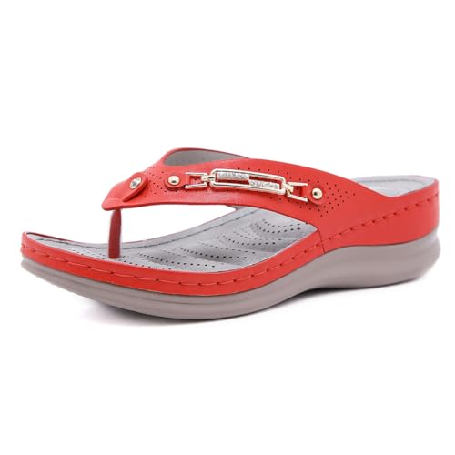 Modische, lässige Flip-Flops für Damen mit Fußgewölbeunterstützung, Hausschuhe mit geneigtem Absatz und Metallverzierung, Outdoor-Walking-Sandalen von Generisch