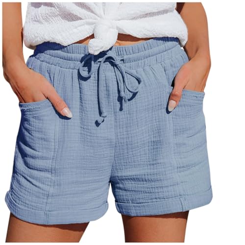 Musselin Hose, Shorts Damen Sommer Leinen Musselin Kurze Hose Beach Shorts Mit Taschen Mode Lässige Stoffhose Freizeit Shorts Elastische Taille Stretch Gerades Bein Sport Shorts Mit Kordelzug Leinenho von Generisch