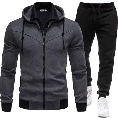 Must Haves Aesthetic,Jogginganzug Herren Set Mit Kapuze Mit Reißverschluss Einfarbig Trainingsanzug Baggy Lang Sport Anzug Schwarz Activewear Hausanzug 2 Teiler Sweatshirt mit Kapuze + Hose Tracksuit von Generisch