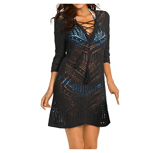 Netzoberteil Damen Loose Cover Up - Tunika Luftig Häkelkleid Mädchen Festival Outfit Elegant Bikini Überwurf Sommer Sexy Strand Kleid Häkeln Ups Hollow Out Badeanzug Stricken Top Urlaub Cover-Ups von Generisch