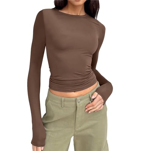 Oberteile Damen Langarm,Damen Langarmshirt,Slim Fit Einfarbig Langarm Shirt Elegant Sexy Crop Tops Y2k Clothes y2k Teenager mädchen Fashion Longsleeve für Frauen,B68B,Grün,S von Generisch