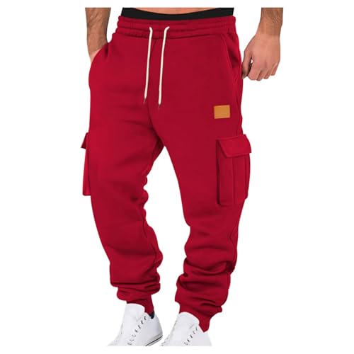 Outlet Angebote Herren Jogginghose Baumwolle Trainingshose Sporthose Freizeithose Lang Hosen Klassische Sweathose Mit Taschen Herbst Und Winter，Lederetikett 3XL Rot von Generisch