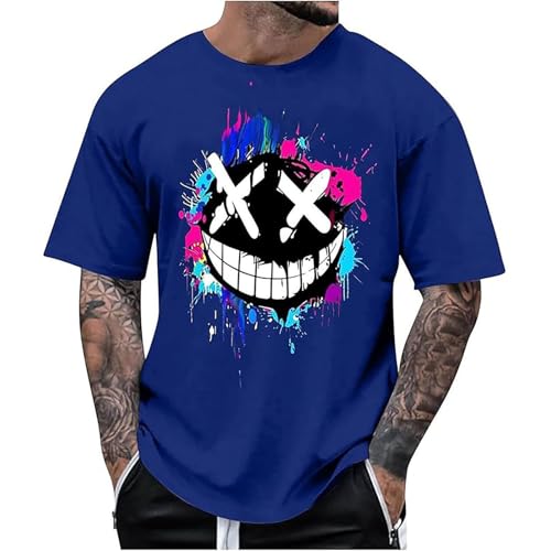 Oversized Tshirt Herren Rundhals Kurzarm Lose Sommer Oberteile Mode T-Shirt mit Bunt Grafik Kreativen Vintage Drucken Streetwear Sport Casual Halloween T-Shirt Tops Blau XXL von Generisch