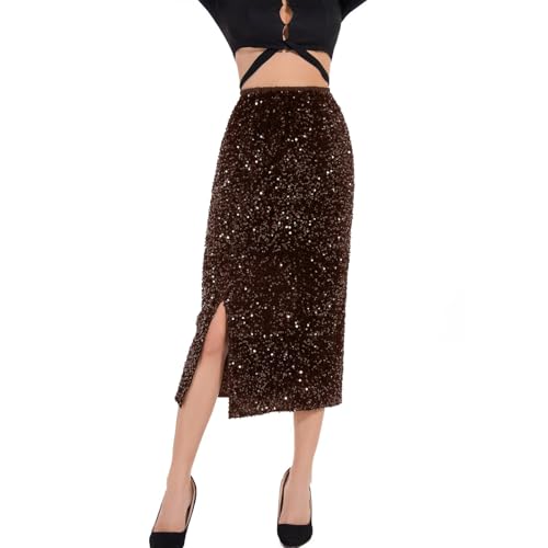 Pailettenrock Für Damen, Pailletten Rock Damen Glitzer Kleid Elastische, Hohe Taille, Geteilter Saum, Ausgehen Festlich Faltenrock Karnevalskostüme Party Maxirock Stilvoll Skirts Sexy Cocktailkleid von Generisch