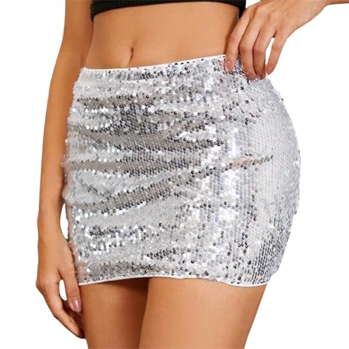 Pailettenrock für Damen Pailletten Glitzer Rock Kurz Silber Gold Sexy Skirt Hüftrock mit Elastische Taille Glitzerrock für Party Rave Outfit von Generisch