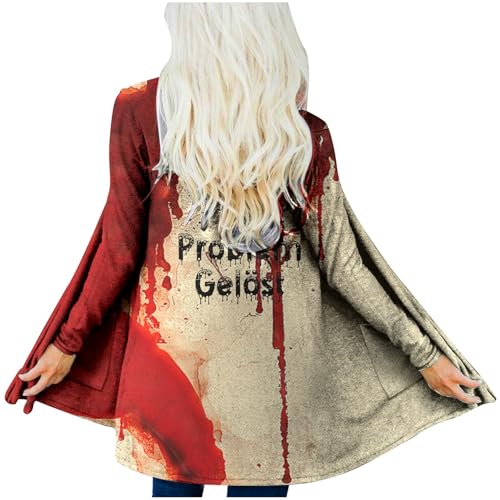 Problem Gelöst Halloween Strickjacke Damen Leichte Lang Horror Dünne Strickjacke Lange Ärmel Open Front Blutig Bedruckt Cardigan mit Taschen 00a Rot S von Generisch