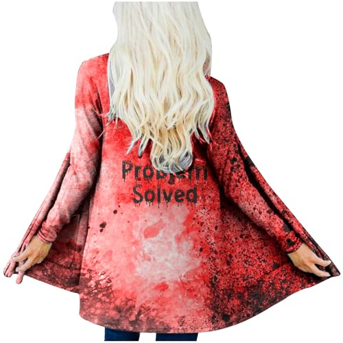 Problem Gelöst Halloween Strickjacke Damen Leichte Lang Horror Dünne Strickjacke Lange Ärmel Open Front Blutig Bedruckt Cardigan mit Taschen 00b Wassermelonenrot L von Generisch