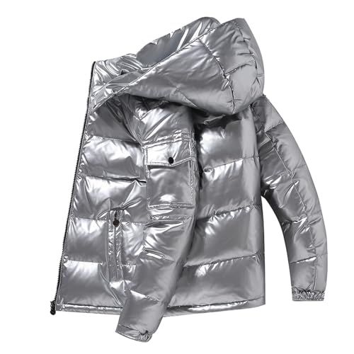 Puffer Jacke Herren Warme Winterjacke Kurze Einfarbig Glänzend Reißverschluss Puffermantel Wintermantel Mit Kapuze 00b_Silber XL von Generisch