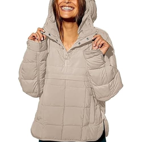 Puffer Pullover Jacket Womens, Womens Casual Oversized Puffer Jacket, Quilted Pullover Women, Women's Winter Warm Jackets (Beige,XX-Large) von Generisch