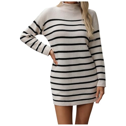 Pullover Kleider Damen Kleid Langarm Elegant Strickkleid Freizeit Warmer Minikleid Tunika Lässig Strickkleider Schicke Dresses for Women Langarm Kleid Schicke Strickkleider Weiß L von Generisch