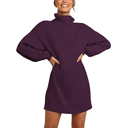 Pullover Kleider Damen Kleid Langarm Elegant Strickkleid Strick Aesthetic Tunika Minikleid Knielang Sweatkleid Schicke Langarm Kleid Hoodie Kleid Tunika Kleid Lila XL von Generisch