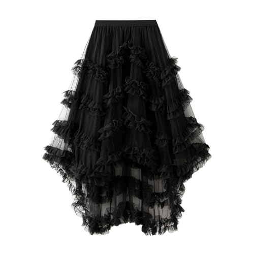 REH Kostüm Damen,Tüllrock Damen Asymmetrisch Lang Tüll Rock - Elegant A-Linie Tutu Für Karneval Fasching Fest Freizeit Sommerrock Petticoat Midi Röcke Schwarz Pliseerock von Generisch