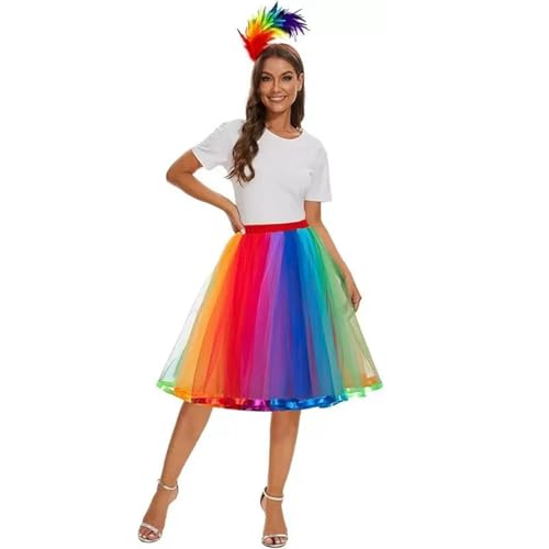 Regenbogen Tüllrock Damen, Regenbogen Rock Damen Tüll mit Elastischer Bund, Bunt Feder Stirnband, Regenbogen Rock Damen Tüll, Regenbogen Kostüm Damen für Karnevalspartys und Bühnenauftritt von Generisch