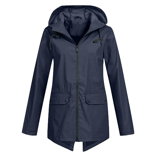 Regenmantel Damen Kapuzenjacke Leicht Softshelljacke Wasserdicht Grosse Groessen Allwetterjacke Sommer Fahrradjacke wasserdichte Elegant Windjacke Sportjacke Damen Rain Jacket Marine,XXL von Generisch