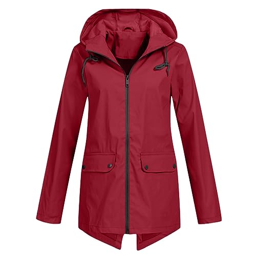 Regenmantel Damen Kapuzenjacke Leicht Softshelljacke Wasserdicht Grosse Groessen Allwetterjacke Sommer Fahrradjacke wasserdichte Elegant Windjacke Sportjacke Damen Rain Jacket Rot,XXL von Generisch