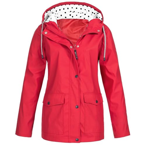 Regenmantel Damen Wasserdicht Einfarbig mit Gefütterte Kapuze Atmungsaktiv Regenjacke Leicht Lang Grosse Groessen Windbreaker Fahrrad Dünne Regenparka Frühling Übergangsjacke für Damen Rot 3XL von Generisch