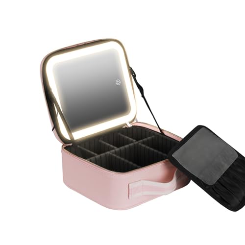 Reise-Make-up-Tasche, Kosmetiktasche mit LED-Spiegel, 3 Farbhelligkeiten, tragbarer Organizer, Trennwände, Aufbewahrungsbürsten, rose, 26*23*11cm von Generisch