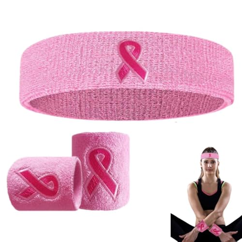 Ribbon Wristbands Brustkrebs-Bewusstseinsbänder Stirnband für Frauen, Schweißbänder Stirnband mit Anstecknadel, Sport-Armbänder von Generisch