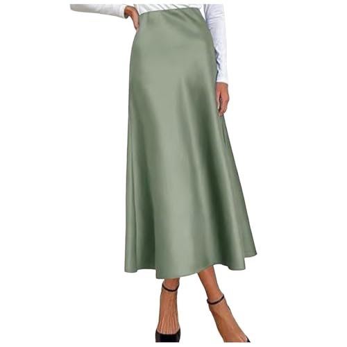 Röcke Damen Satinrock Lang Business Outfit Midi Rock Business Elegant Seide Sommerrock Midirock Satinrock Long Skirt Skirts for Women Hellgrün L von Generisch