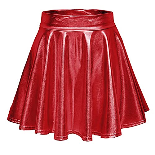 Roter Minirock Pailletten Rock Lederrock Rot Metallischer Damen Rock Kurze Faltenrock Mini Skater Rock Glitzer Rave Party Hohe Taille Elastischer Plisseerock Rot M von Generisch