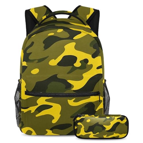 Rucksack mit Federmäppchen, stilvolles und funktionales Set für Jungen, Mädchen, Teenager, gelbes Camouflage-Muster, Mehrfarbig Nr. 01, B：29.4x20x40cm P：19x7.5x3.8cm, Tagesrucksäcke von Generisch