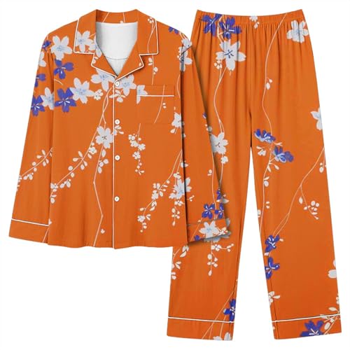 Schlafanzug Damen Lässige Homewear Lang Lounge Set Weiche Schlafanzug Damenpyjamas Loungewear Soft Hausanzug Zweiteiler Oberteil Und Pyjamahose Orange M von Generisch