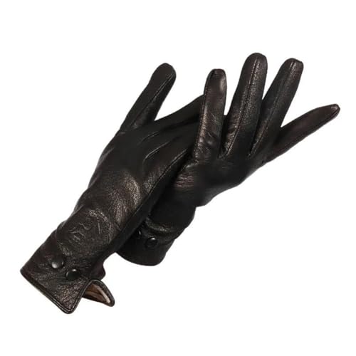 Schwarze Lederhandschuhe für Damen, echtes Leder, Fahrradhandschuhe mit 70 % Wollstrickfutter, warme Fäustlinge, Größe 36 - 40 von Generisch