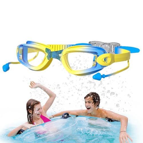 -Schwimmbrille,Jugend-Schwimmbrille,Tauch- und Schwimmbrillen - Kratzfest und beschlagfrei, UV-Schutz, weites Sichtfeld, verstellbarer Riemen, kein Auslaufen, -Schwimmbrille mit Ohrstöpseln für Kinder von Generisch