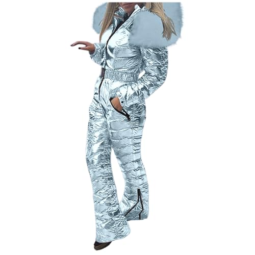 Skianzug Damen Wasserdicht Jumpsuit Winter Warme Schneeanzüge Für Damen Winter Overall Einteiler Skianzüge Skioverall Ski Anzug Mit Kapuze Verdicken Schneeanzug Silber XXL von Generisch