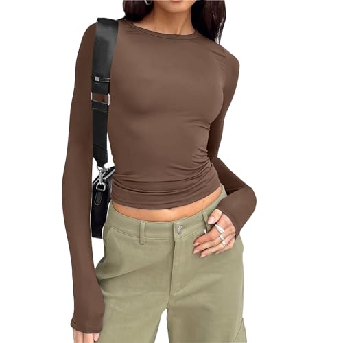 Skims Dupe, Langarmshirt Damen Basic Slim Fit Shirt - Y2K Skims Top Long Sleeve Enges Oberteil Rundhals Langarm Cropped Baumwolle Unterziehshirt Thermo Unterhemd Skiunterwäsche von Generisch