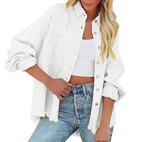 Sommer Jacke Damen mittlere Länge Aesthetic Jeansjacke Jacke Langarm Lose Frühlingsjacke Lässig Revers Mädchen Vintage Übergangsjacke Jacken Jean Mantel Weiß L von Generisch