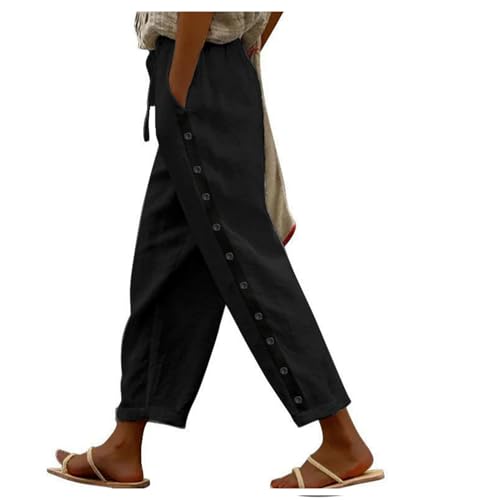 Sommerhose Damen Plissee Elastische Hohe Taille Strandhose Lang Bequeme Yogahose Luftig Chino Stoffhose Musselin Hose Schwarz S von Generisch