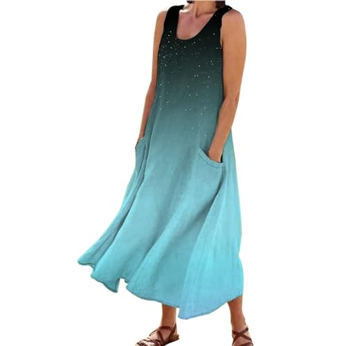 Sommerkleider Damen Einfarbig Elastische Sommerkleid Freizeit Rundhalsausschnitt Partykleid Abendkleider Mit Taschen Lässige Kleid Strandkleider Prinzessin Himmelblau XL von Generisch