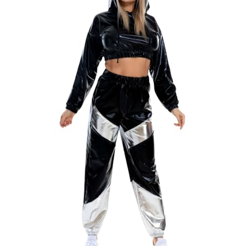 Sportanzug Damen Party Outfit Leder Metallic 90er Jahre Outfit Streatwear Trainingsanzüge Lang Glitzer Hose Disco Outfit Kapuzenpullover+Jogginghose 2tlg Faschingskostüme Schwarz M von Generisch