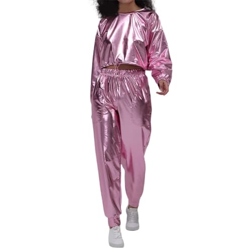 Sportanzug Damen Party Outfit Leder Metallic 90er Jahre Outfit Streatwear Trainingsanzüge Lang Glitzer Hose Disco Outfit Pullover+Jogginghose 2tlg Faschingskostüme Rosa M von Generisch