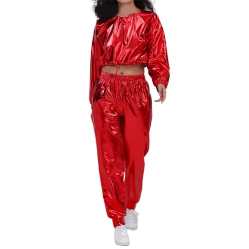 Sportanzug Damen Party Outfit Leder Metallic 90er Jahre Outfit Streatwear Trainingsanzüge Lang Glitzer Hose Disco Outfit Pullover+Jogginghose 2tlg Faschingskostüme Rot XXL von Generisch