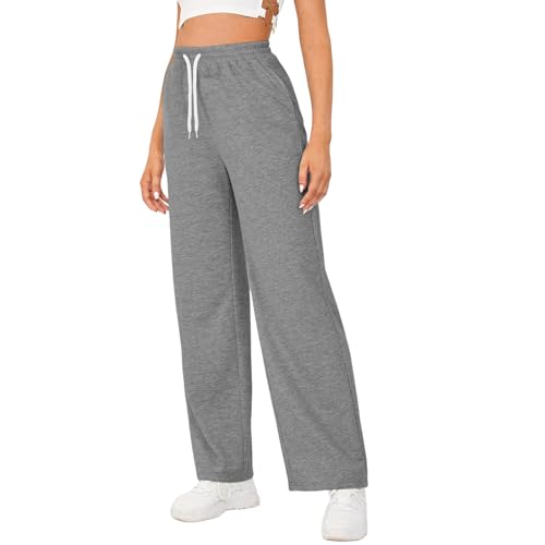 Stoffhose Weites Bein Damen, Jogginghose Damen Lang Baggy Weite Sporthose - Weite Gerades Bein Trainingshose Kordelzug High Waist Freizeithose Baumwolle lockere Lounge Jogpants Mit Taschen Grau von Generisch