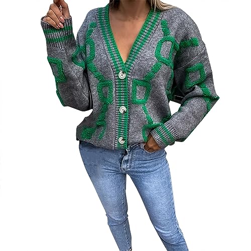 Strickjacke Damen Knöpfen Struktur V-Ausschnitt Cardigan Herbst Winter Warm Bequem Strickpullover Casual Mode Pullover Lose Elegant Jacke Knopf Kurz Gestrickt Shirt Oversize Strickmantel von Generisch