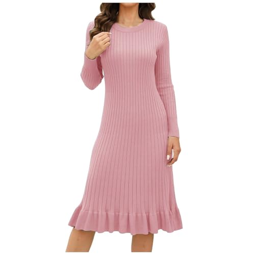 Strickkleid Damen Herbstkleid Winterkleid Langarm Pulloverkleid Schicke Knielang Longpullover Weihnachtspullover Warmer Pulli Aesthetic Dresses for Women Schicke Strickkleider Hoodie Kleid Rosa L von Generisch