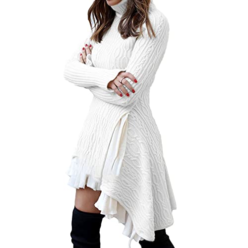 Strickkleid Damen Winter Kleid Langarm Herbstkleid Pulloverkleid Elegant Strick Aesthetic Sweatkleid Minikleid Weich Weihnachtspullover Schicke Schicke Kleider Langarm Kleid Tunika Kleid Weiß XXL von Generisch