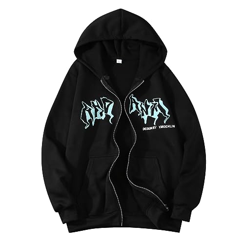 Sweatjacke Herren Zipper Hoodie Y2K Oversized Sweat Jacken Hoody Mit Kapuze Vintage Buchstaben Print Kapuzenpullover Kapuzenjacke Sweatshirt Hoodie Pullover Für Männer Schwarz L von Generisch