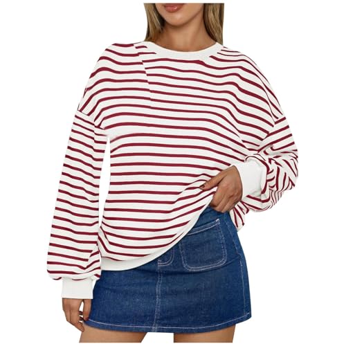 Sweatshirt Pullover Damen Oberteile Elegant Fleecepullover Mode Bekleidung Party Pulli Oversized Rundhalsausschnitt Gestreifter Pullover Langarm Crop Top Hoodie von Generisch