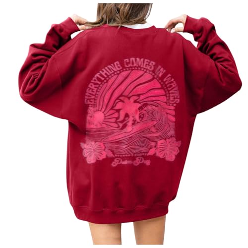 Sweatshirt Pullover Damen - Oversized Rückendruck Hoodies Rundhalsausschnitt Langarm Ohne Kapuze Oberteile Pink Palm Puff Teenager Mädchen Klamotten Locker Pulli Tops Casual Elegant Sport Shirt von Generisch