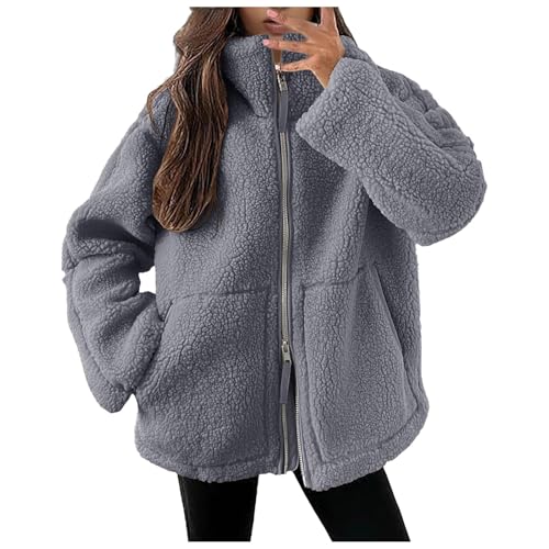 Teddy Mantel Damen Teddy - Mantel Warm Freizeit Oversize Dicke Fleecejacke Winterjacke Plüschjacke Fleece Weich Einfarbig Teddymantel Fleecepullover College Jacke Grau L von Generisch