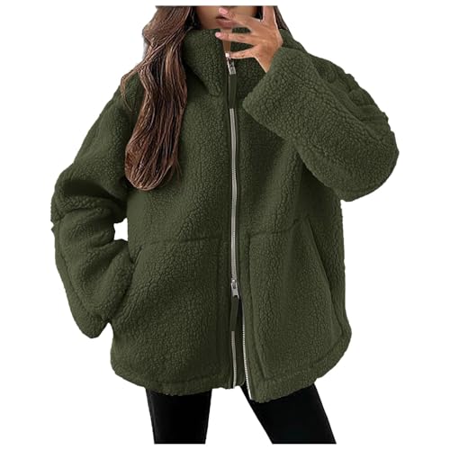 Teddy Mantel Damen Teddy - Mantel Warm Freizeit Oversize Dicke Fleecejacke Winterjacke Plüschjacke Fleece Weich Einfarbig Teddymantel Fleecepullover College Jacke Grün L von Generisch